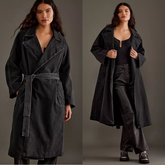 Good American Jackets & Blazers - Good American Uniform Tie-Up Pockets Black‎ Wash Denim Trench Coat 2XL/3XL